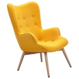 Designer Ohren-Sessel mit Armlehnen aus Wolle gelb | Anjo | Gelber Club-Sessel im Retro-Design mit Gestell in Holz | Moderner Wohnzimmer-Sessel auch als Relax-Sessel zu benutzen -